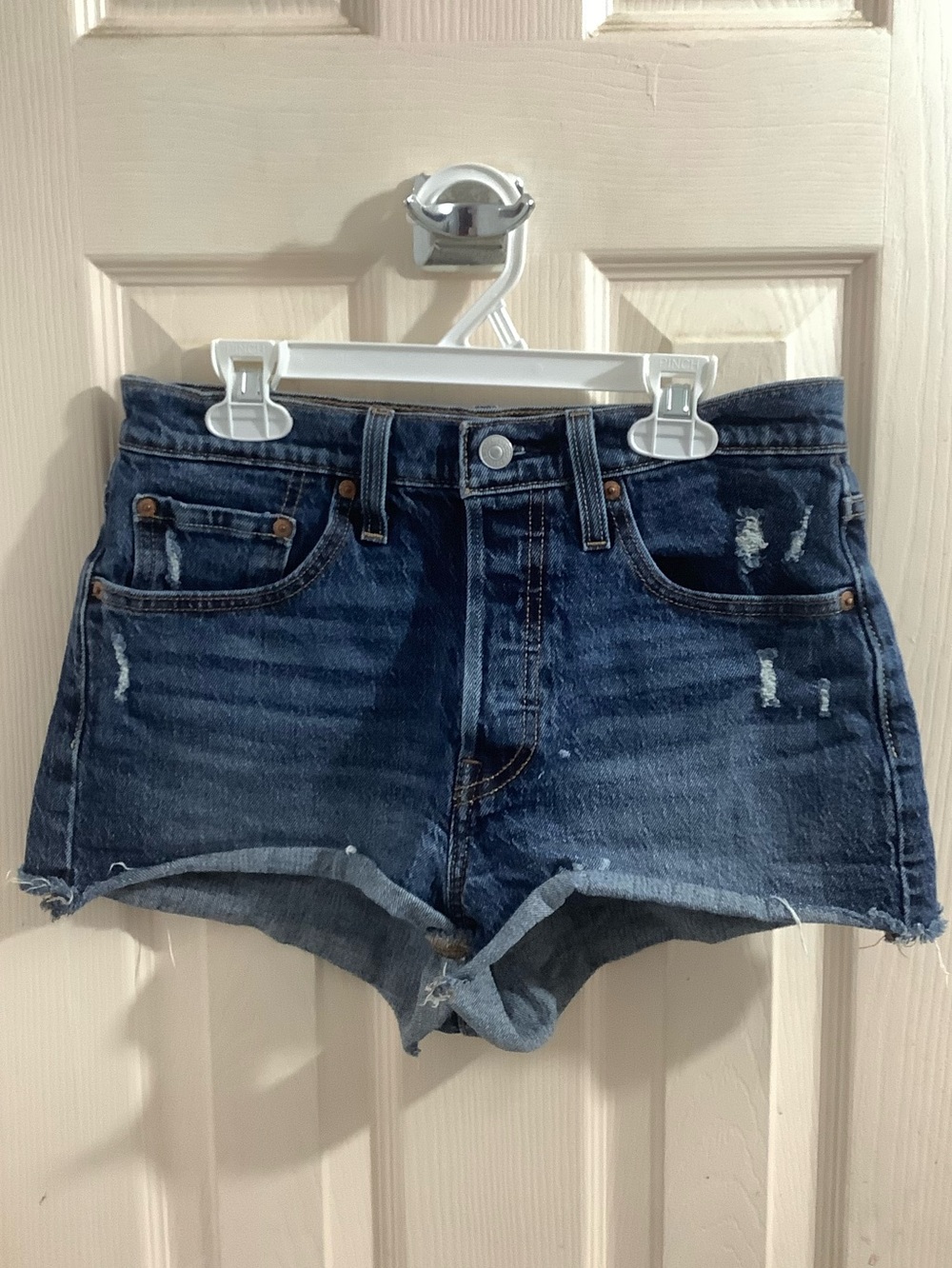 Levi's 501 Buttons Fly Blue Distressed High-Rise Denim Shorts Size 27